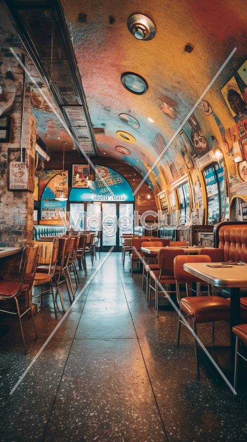 Colorful Cafe Interior with Vintage Decor and Artistic Walls Валлпапер[cdf077600a0f40d7b779]