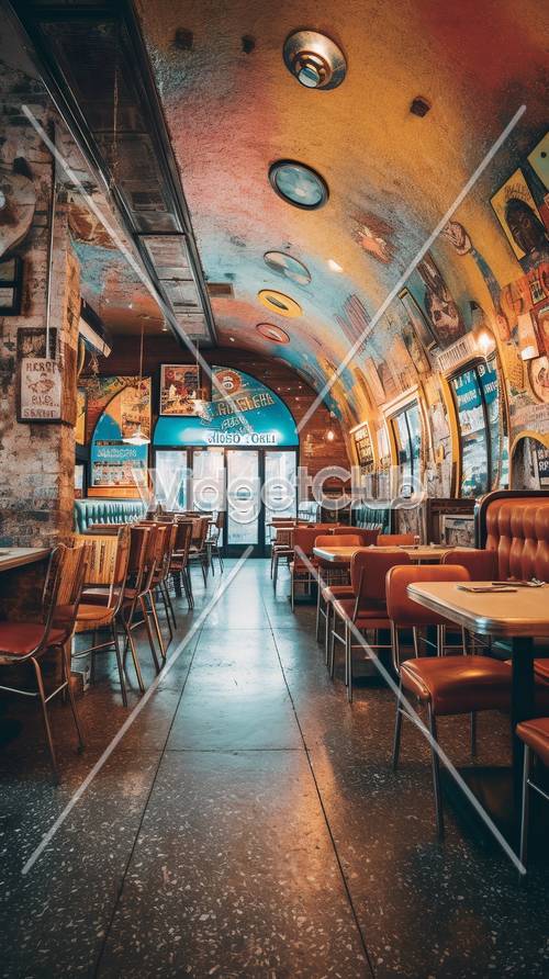 Interior colorido de una cafetería con decoración vintage y paredes artísticas
