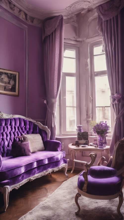 Sebuah ruangan artistik dengan perabotan lusuh chic berwarna ungu dalam cahaya lembut fajar.