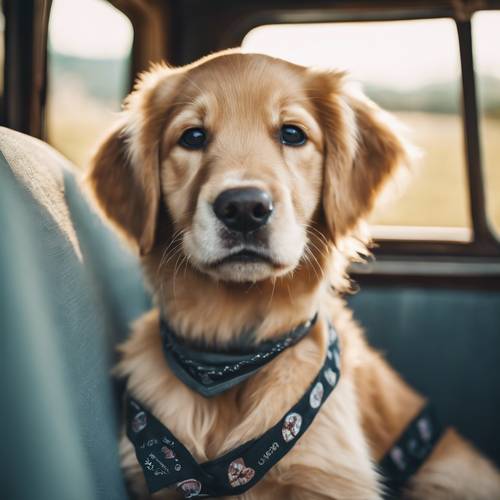 Một chú chó con golden retriever dễ thương với chiếc khăn bandana thời trang quấn quanh cổ, ngồi trên chiếc xe tải nhỏ VW cổ điển.