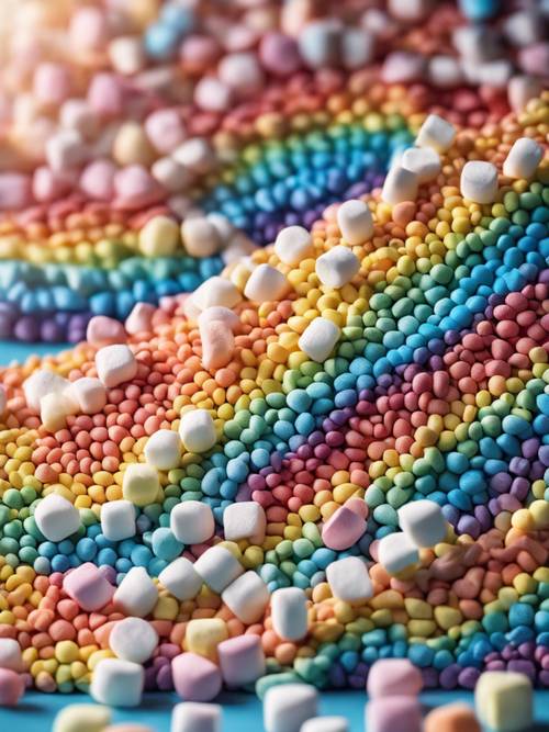 Un arcobaleno fatto di marshmallow multicolori in un cielo limpido e azzurro scintillante di zucchero.