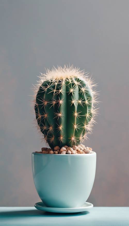 A small, minimalist desert cactus in a white ceramic pot on a wooden table against a pastel blue wall.