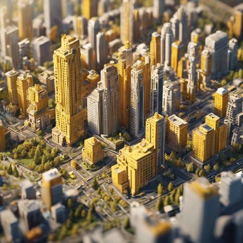 Perspektif isometrik digital dari kota metropolitan mirip Simcity dengan jalan raya bata kuning yang rumit dan luas.