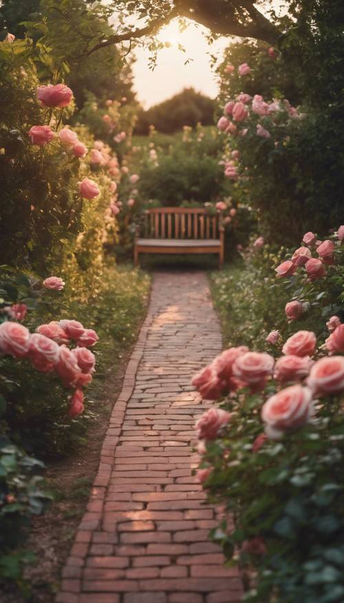 An idyllic country garden with brick path leading to a wooden bench surrounded by blooming roses at dusk.