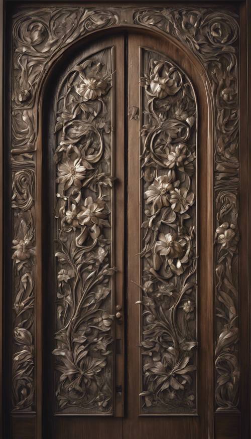 Un motif floral Art nouveau en relief sur une porte en bois sombre, le motif élaboré se déversant sur le cadre environnant.