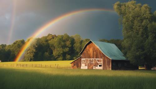 Um arco-íris formando um arco sobre um celeiro rural em um campo verdejante.