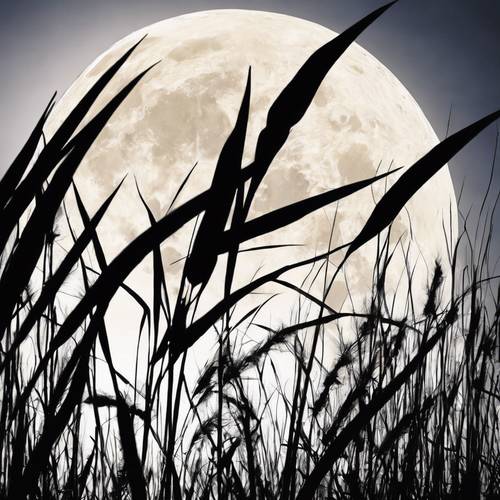 Black silhouettes of tall grass against a bright white full moon.