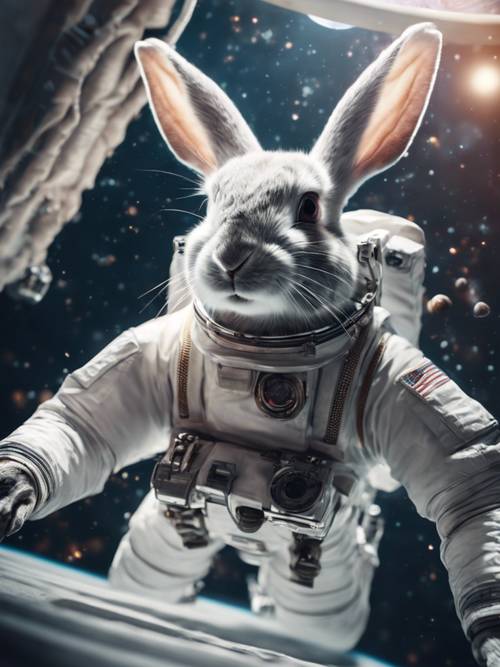 Um astronauta coelho flutuando graciosamente no espaço sideral com gravidade zero.