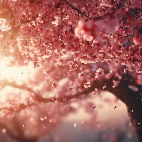 A dreamy scene of red cherry blossom petals falling softly from the tree during sunset.