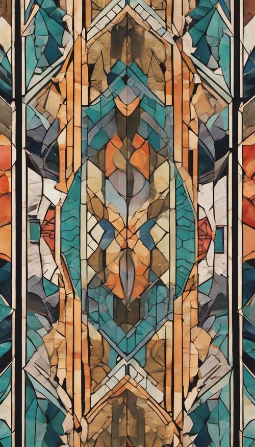 An Art Deco mural featuring intricate geometric patterns and vibrant colors.