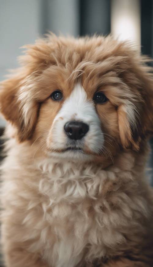 Um cachorrinho fofo com um rosto excepcionalmente fofo e uma cor de pelo ombré que varia do marrom claro ao marrom escuro.