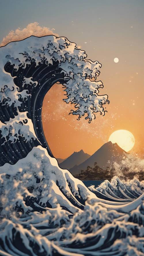 Традиционная японская волна, разбивающаяся о далекую гору в лучах заходящего солнца.