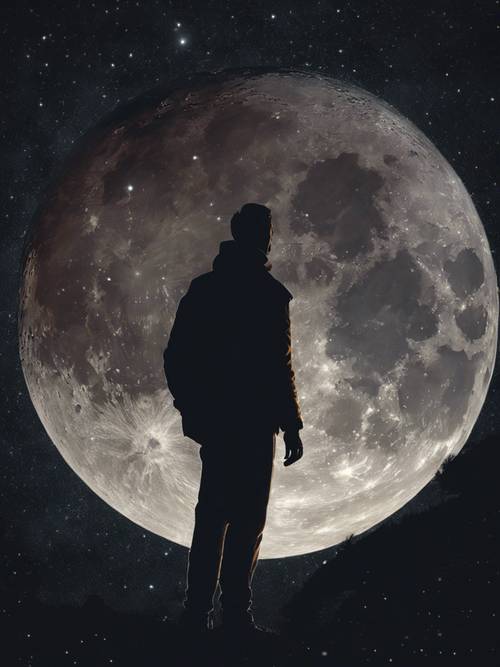 Artistic concept of a man silhouetted against a large full moon in a clear night sky.