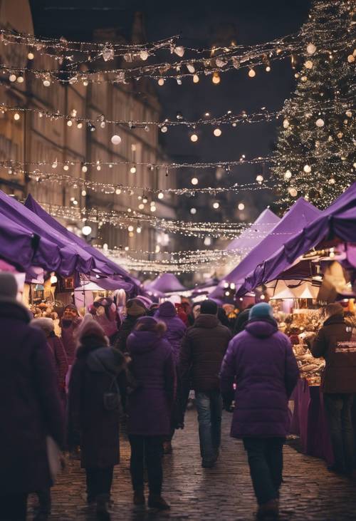 Une scène de marché de Noël sur le thème du violet, animée par des gens à la recherche des cadeaux parfaits.