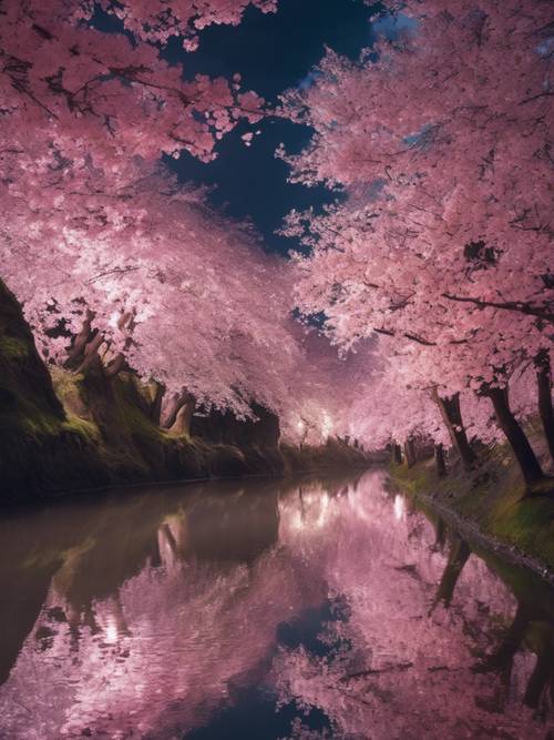 Une rivière étoilée reflétant les fleurs de cerisier roses sur ses rives.