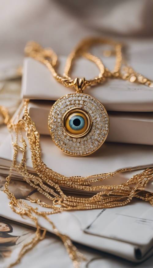 A shimmering gold evil eye necklace draped over a stack of preppy fashion magazines.