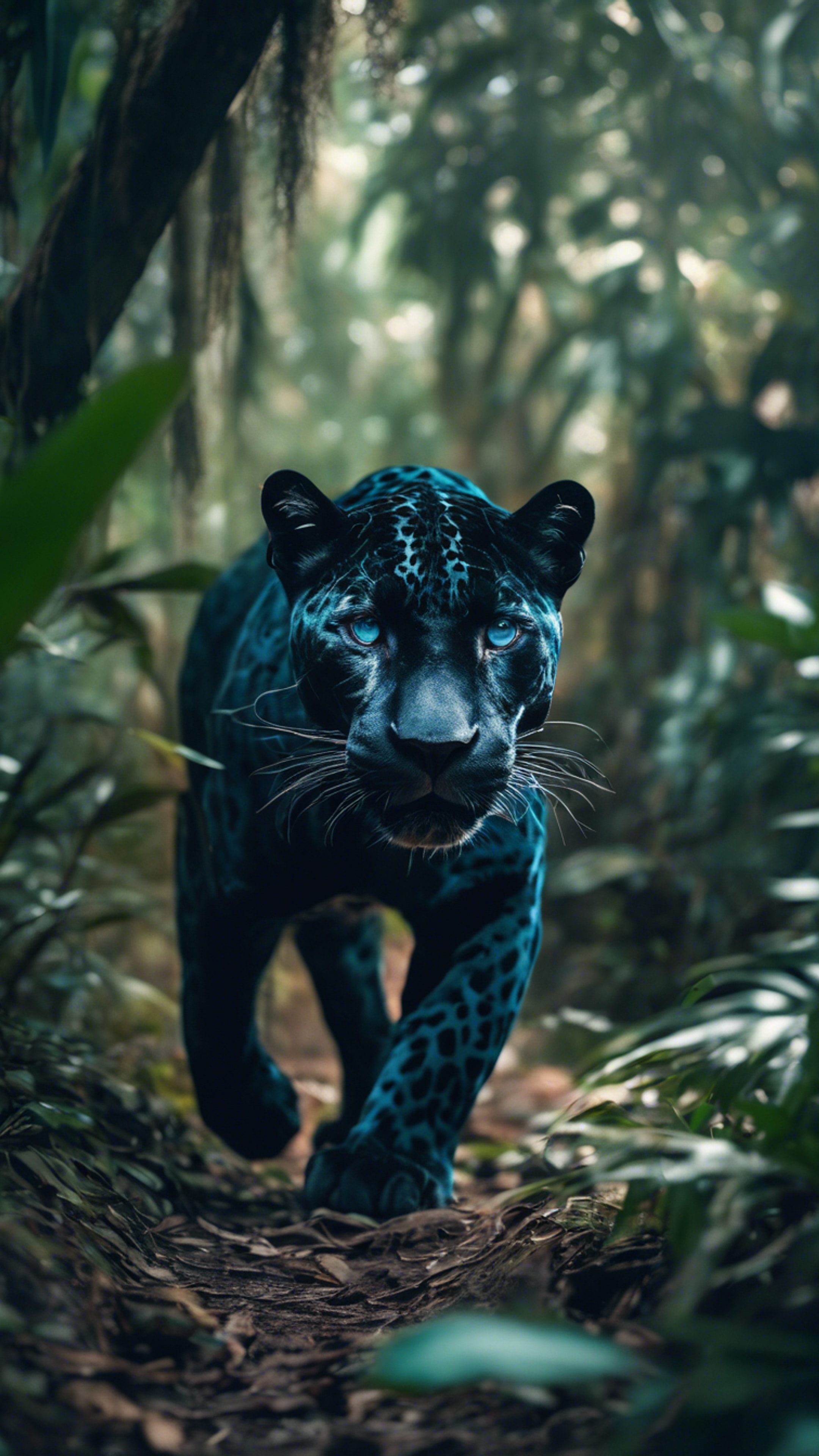 A black jaguar, eyes glowing with cool neon blue hues, prowling through a dark jungle. Divar kağızı[06d4596780d7432e9648]