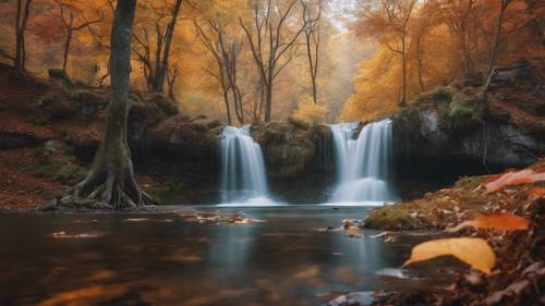 A gentle waterfall in a forest adorned with autumn colors.