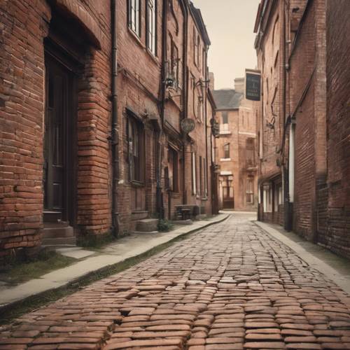 An old brick road weaving through a vintage town in the 1890s.