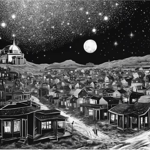 A tranquil midnight vista of a deserted town under a starry sky, depicted in black and white.