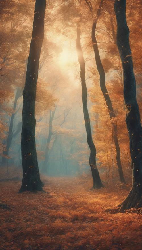 Bức tranh cổ điển về một khu rừng rực rỡ vào mùa thu lúc hoàng hôn.