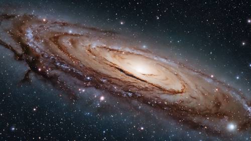 Um campo estelar com a bela galáxia espiral de Andrômeda ao fundo.