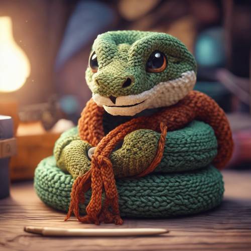 Cartoon snake proficiently knitting a scarf in a cozy den.