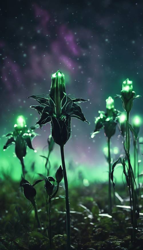 Eine nächtliche Szene mit blühenden schwarzen Lilien unter dem grünen Polarlicht.