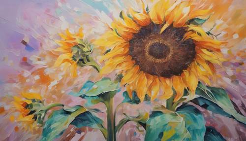 Lukisan abstrak bunga matahari dengan guratan pastel tebal.