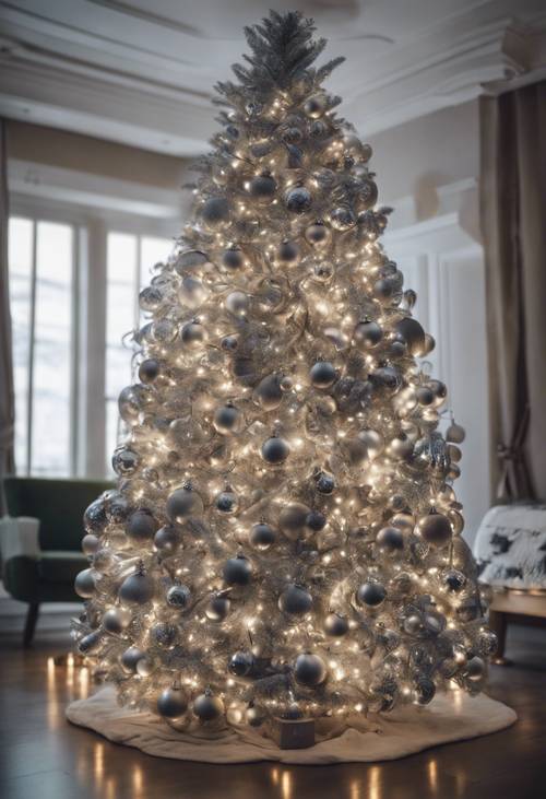 Uma árvore de Natal decorada inteiramente com enfeites prateados e luzes de fadas.