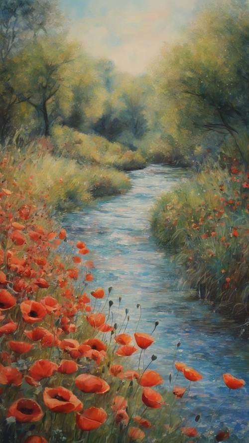 Lukisan yang terinspirasi oleh Monet menampilkan bunga poppy di samping aliran sungai.