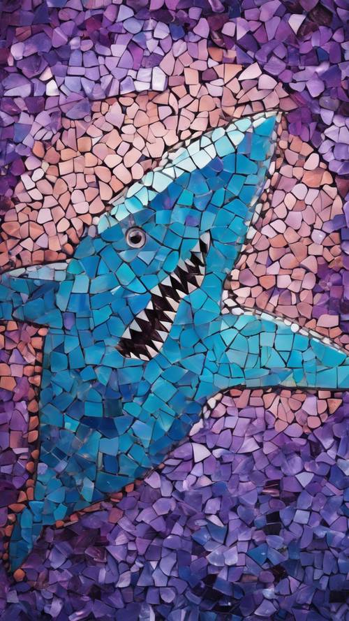 Mosaik hiu yang lucu dan beraneka segi dalam warna biru dan ungu cerah.
