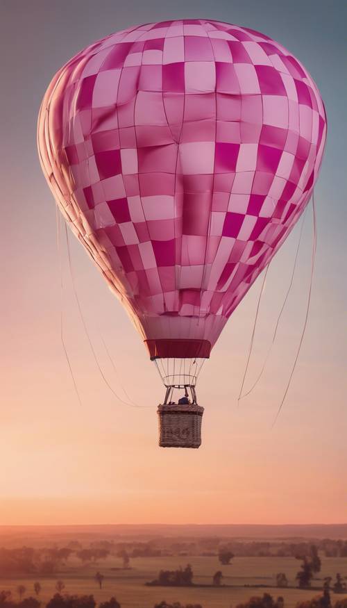 A pink checkered hot air balloon floating in a clear sky at sunset.