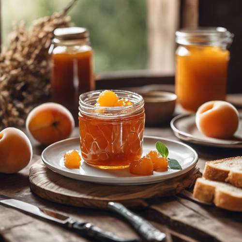 A rustic apricot jam with a toast on a breakfast table.