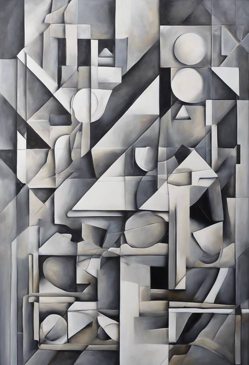 A gray cubist painting featuring white geometric shapes. Wallpaper [71864bb3271742ec8c78]