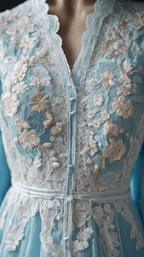 Un elegante estampado floral azul claro bordado sobre un vestido de encaje blanco vintage.