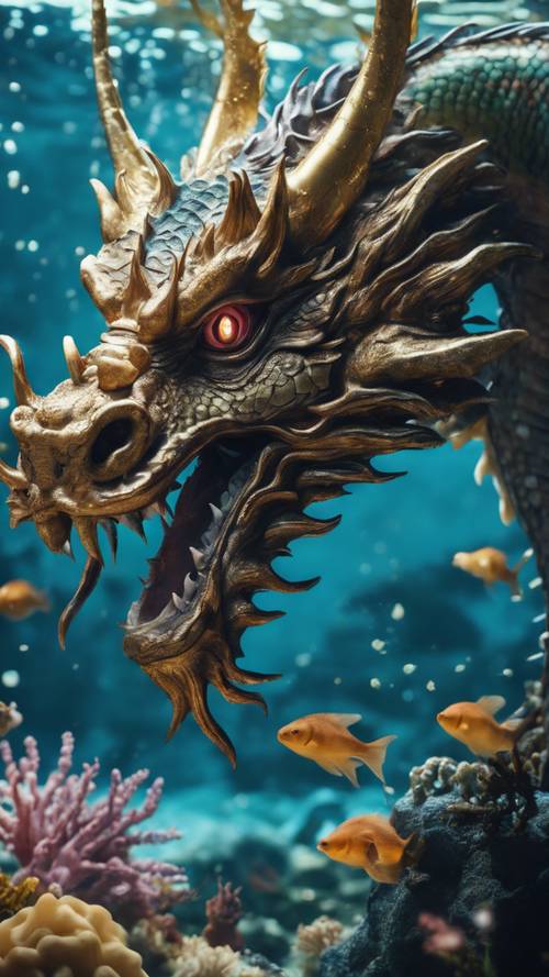 Сцена взаимодействия японского дракона с морскими существами под водой.