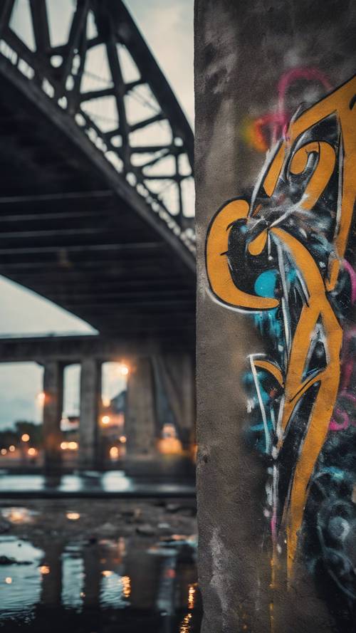 A black graffiti masterpiece on a concrete wall under a bridge, with city lights to enhance its details.