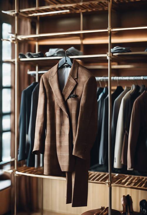 A tailored brown checkered blazer hanging on a wire rack amidst an array of classy wardrobe selection