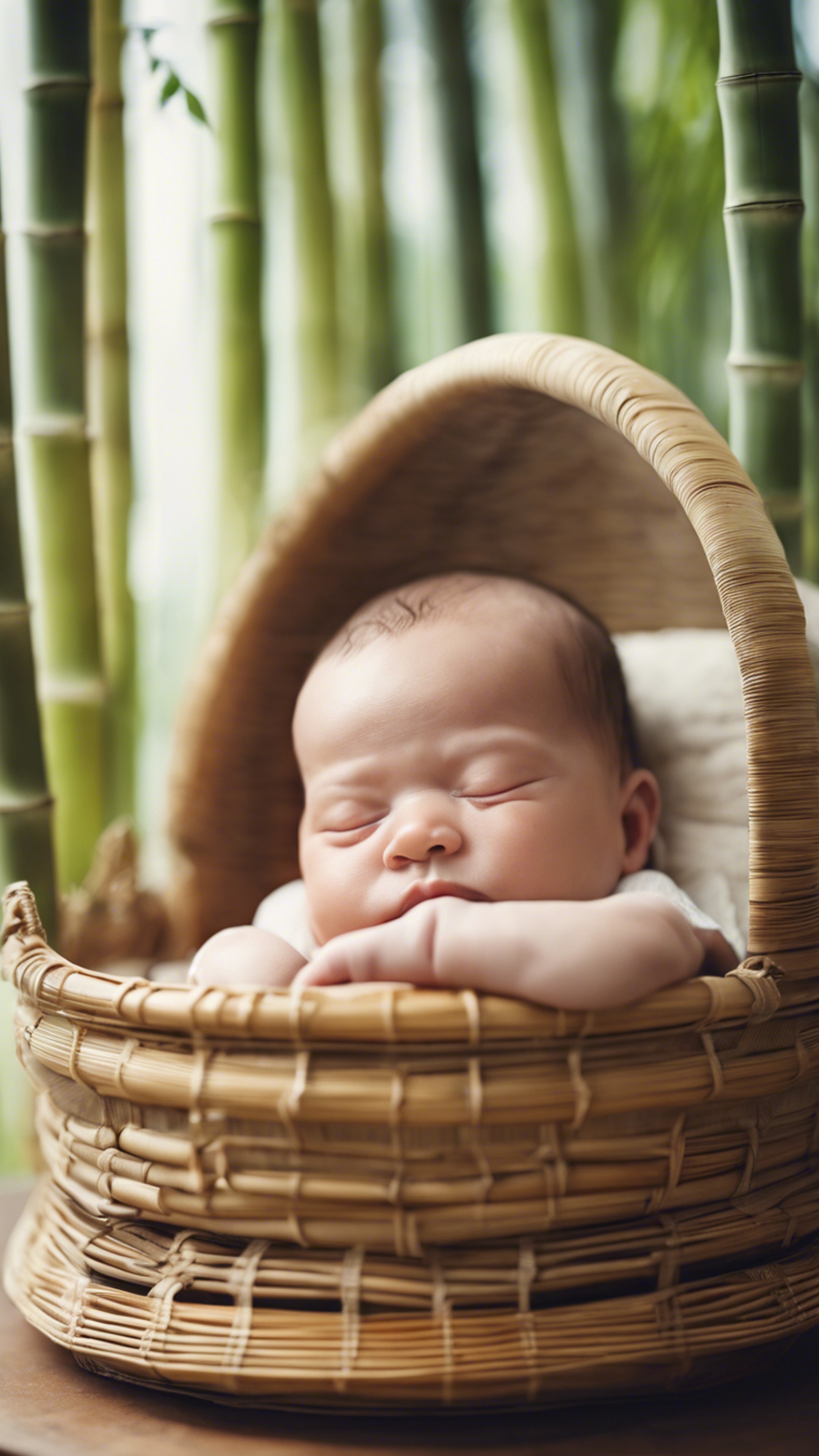 A newborn baby sleeping peacefully in a bamboo cradle.壁紙[aa600c14ac9b4a439482]
