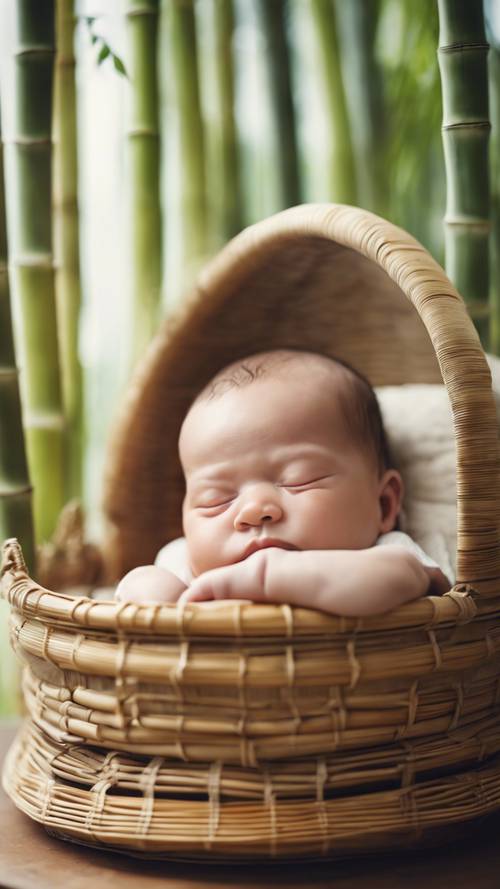 갓 태어난 아기가 대나무 요람에서 평화롭게 자고 있습니다.