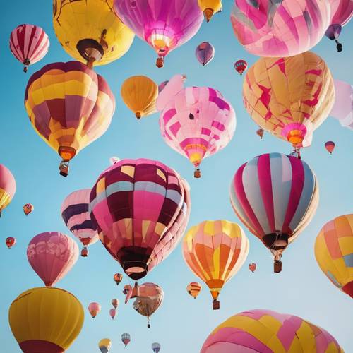 Uma cena de balões de ar quente multicoloridos em rosa e amarelo contra um fundo azul celeste.