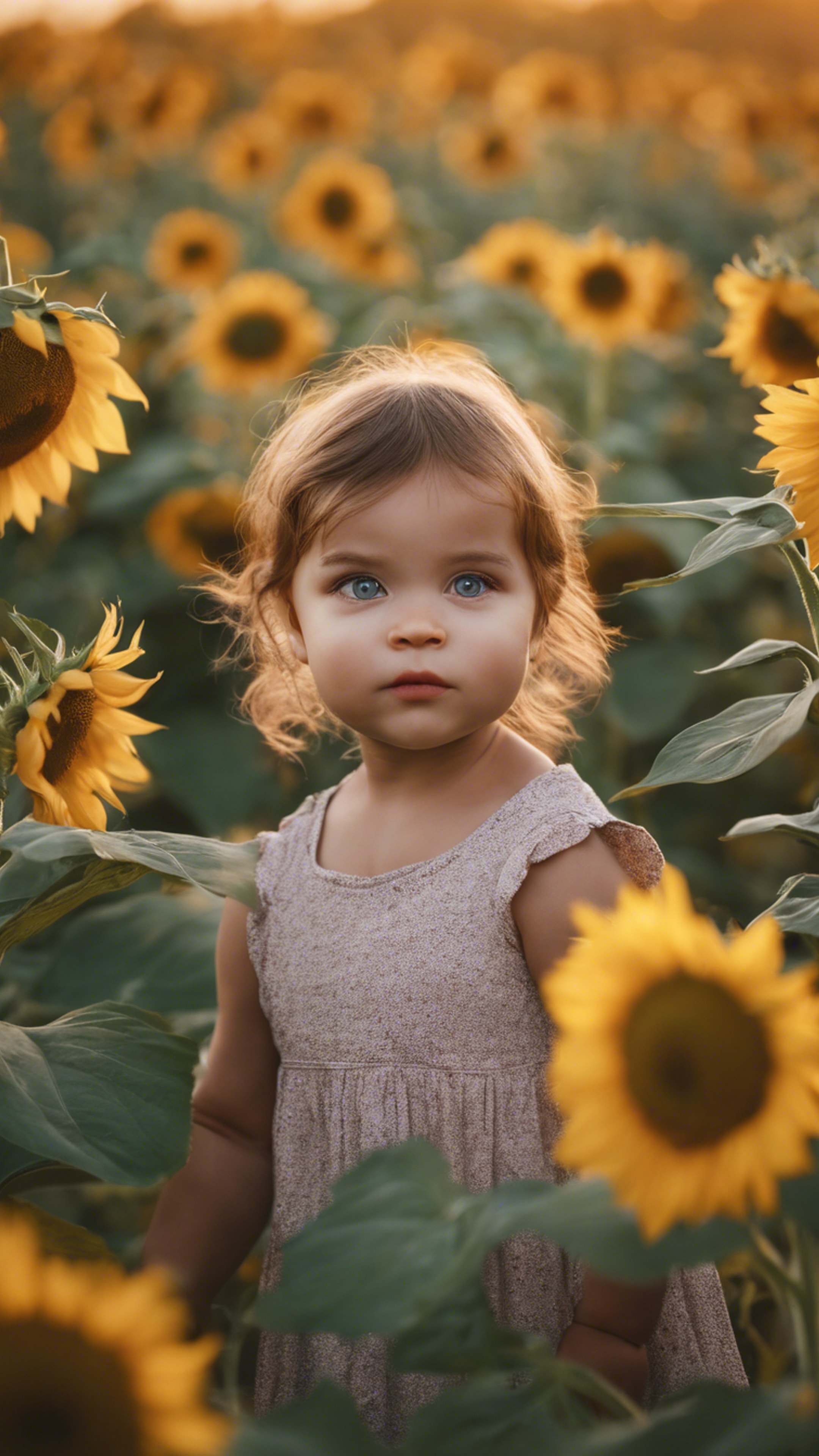 A portrait of a baby girl surrounded by sunflowers in a field during sundown. Обои[03b70f816b5a49c19c58]