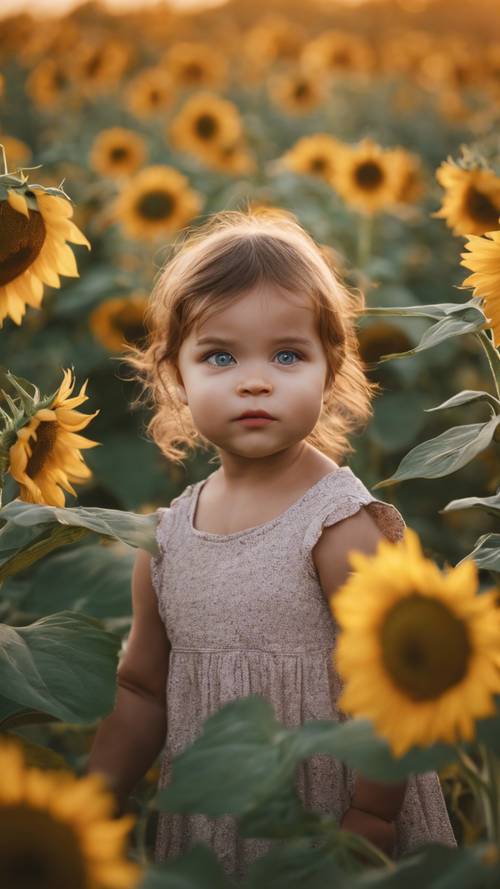 A portrait of a baby girl surrounded by sunflowers in a field during sundown.