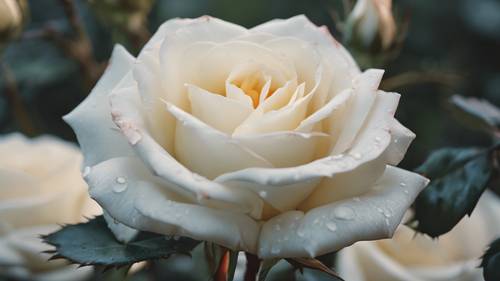 ורד לבן תוסס עומד גבוה בין שיחים קוצניים.