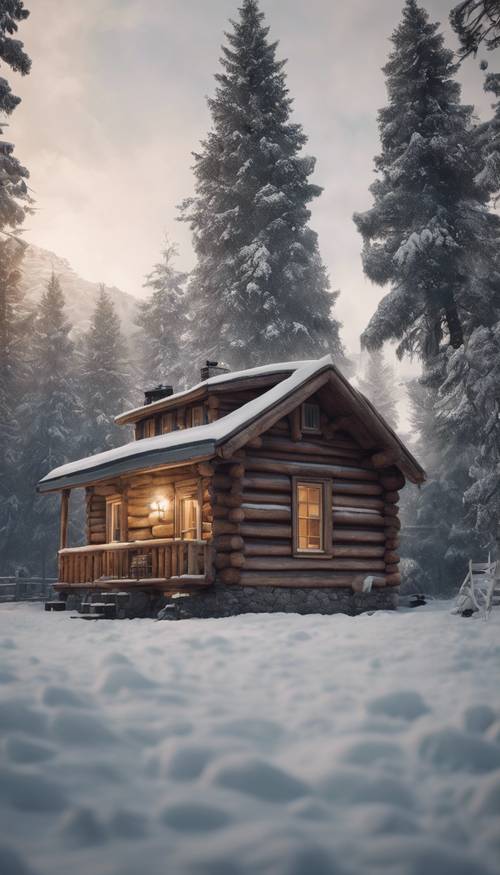 Uma aconchegante cabana de madeira situada em uma paisagem nevada, com fumaça saindo suavemente de sua chaminé, sugerindo um cenário tranquilo de inverno.