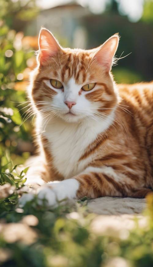 一只懒洋洋的橙白条纹猫躺在阳光明媚的花园里。