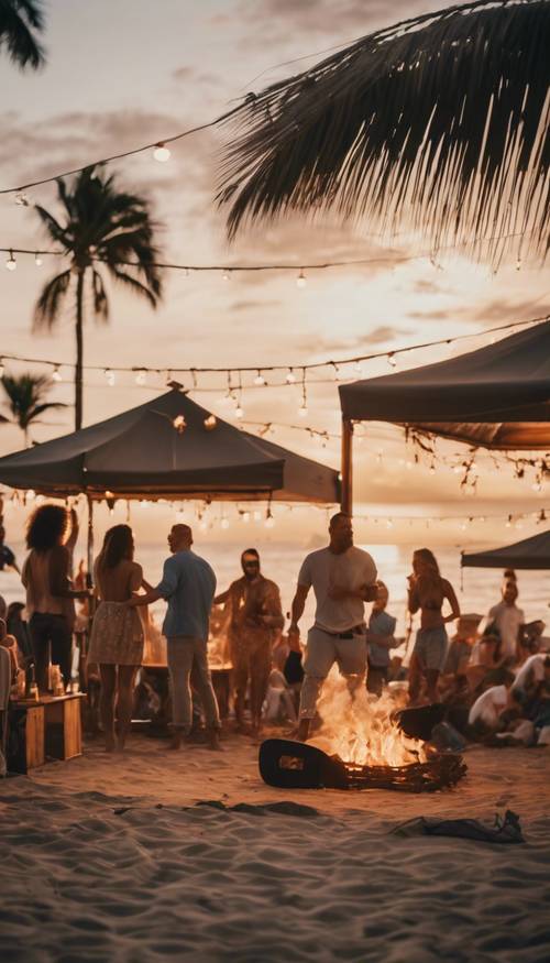 Pesta pantai yang indah saat matahari terbenam dengan orang-orang menari di sekitar api unggun, papan selancar bertebaran, dan meja DJ yang ditata di bawah kanopi jerami.