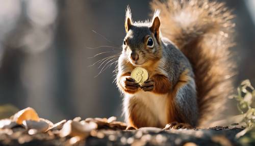 A squirrel holding a gold coin in its paws, looking directly at the viewer with a curious expression. Tapeta [67959dbe532e4123b312]