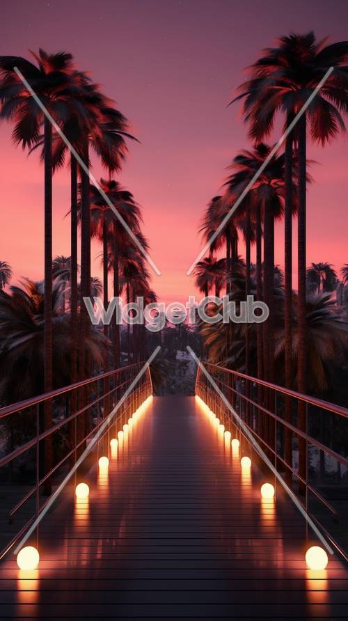 Sonnenuntergang und Palmen auf einer Brücke